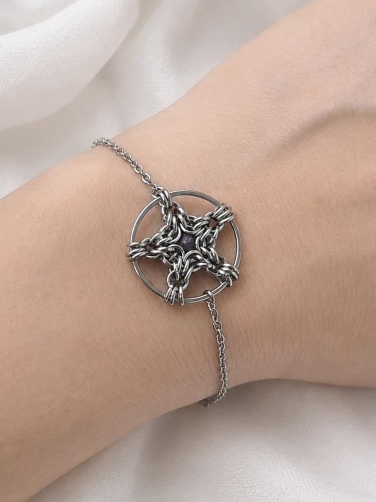 Twoja Wiedźmowa Bransoletka - Ametyst PENTAGRAM chainmaille intuicja, koncentracja, ochrona