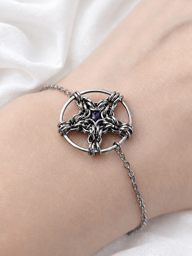 Twoja Wiedźmowa Bransoletka - Ametyst PENTAGRAM chainmaille intuicja, koncentracja, ochrona - obrazek 3