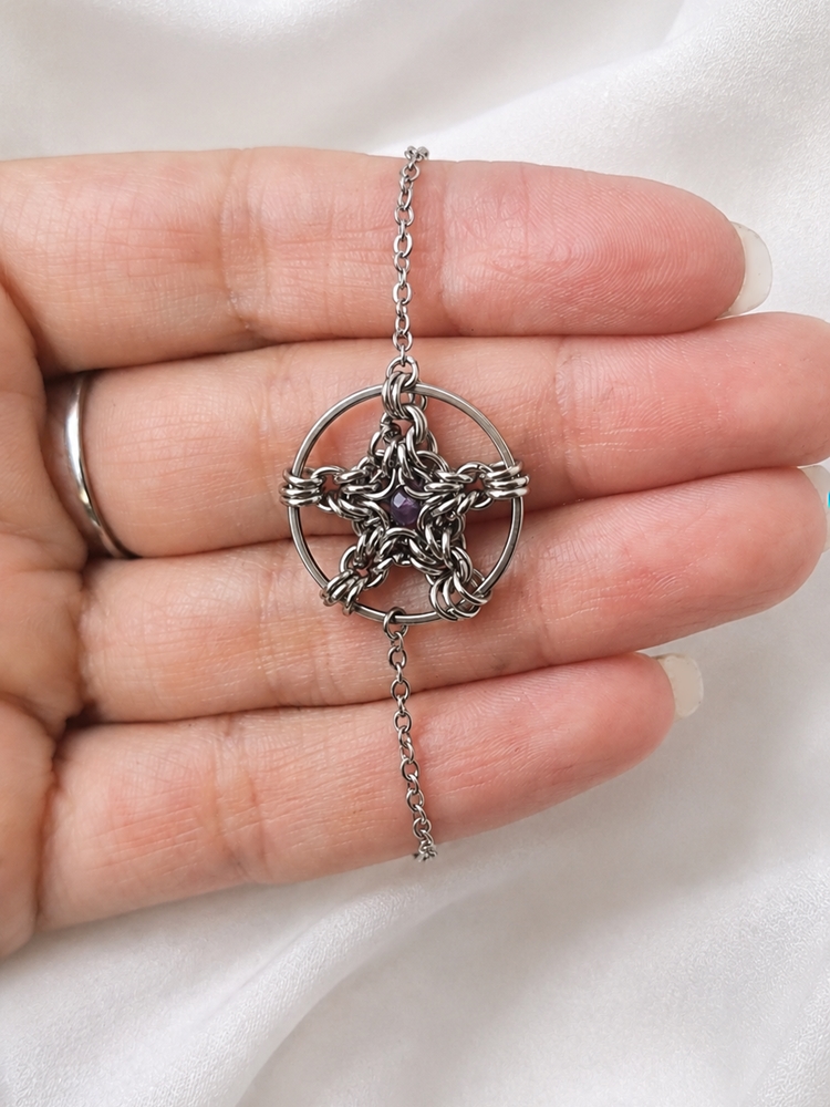 Twoja Wiedźmowa Bransoletka - Ametyst PENTAGRAM chainmaille intuicja, koncentracja, ochrona - obrazek 2